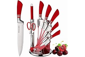 8-Piece Red Kitchen Knife Set with Rotary Stand