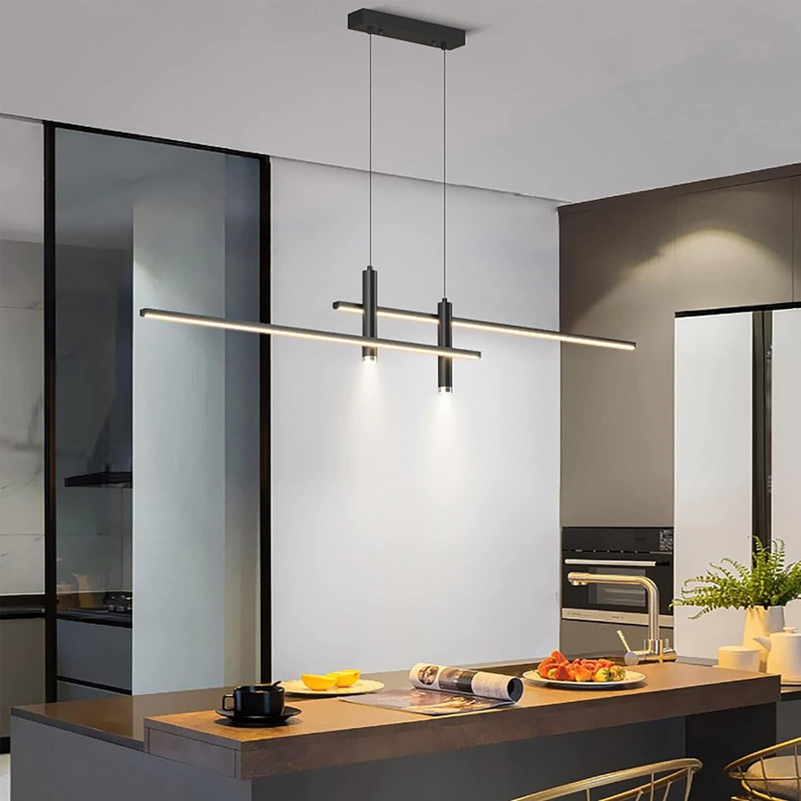Moderne LED Pendelleuchte für Esstisch & Esszimmer - Dimmbar, Höhenverstellbar mit Fernbedienung - Hängeleuchte Küche, Büro, Wohnzimmer - Kronleuchter mit Linearem Design (Schwarz, 150cm)