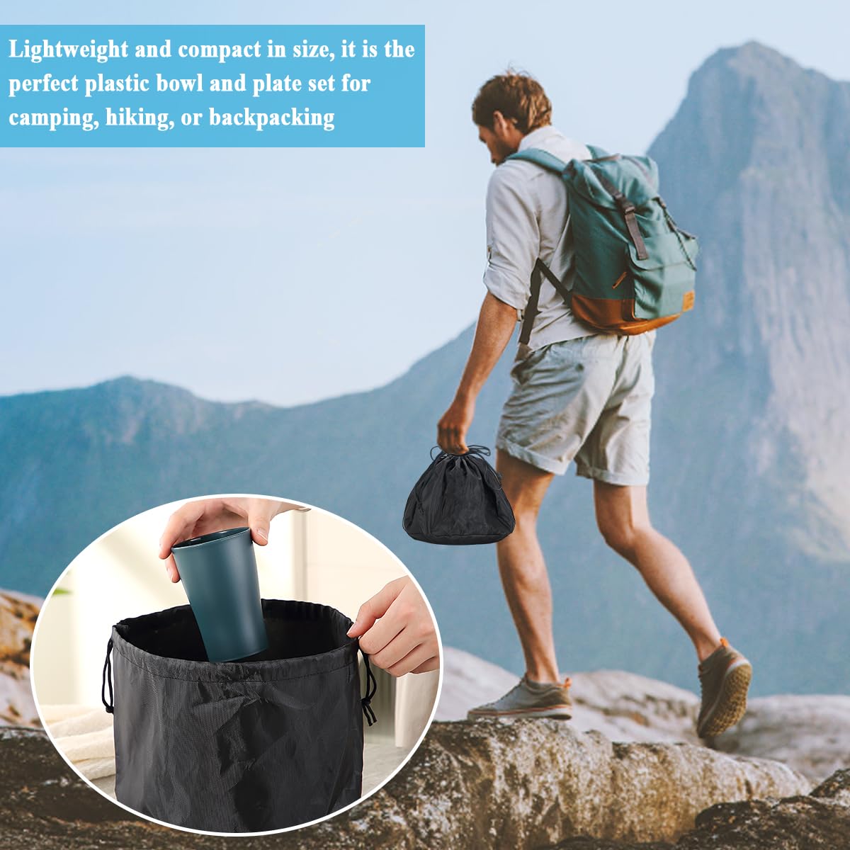 Utensili da campeggio per 2 con ciotola, piatto, tazza, cucchiaio, forchetta, coltello e borsa per il trasporto, accessori da campeggio in plastica Attrezzatura essenziale per viaggi, picnic