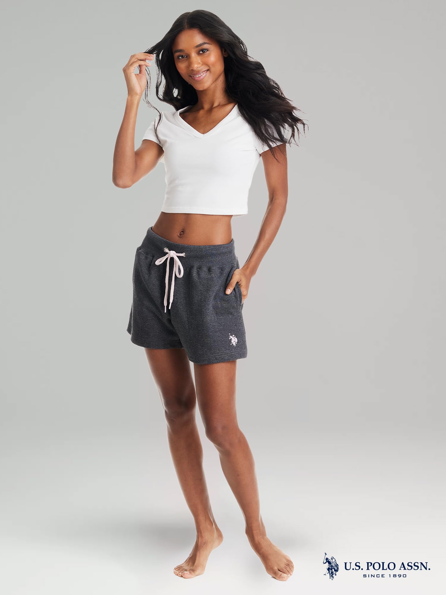 U.S. Polo Assn. Grey SweatShorts for Women, French Terry Poly-Cotton Drawstring Shorts Women (Dark Charcoal Heather, X-Large)