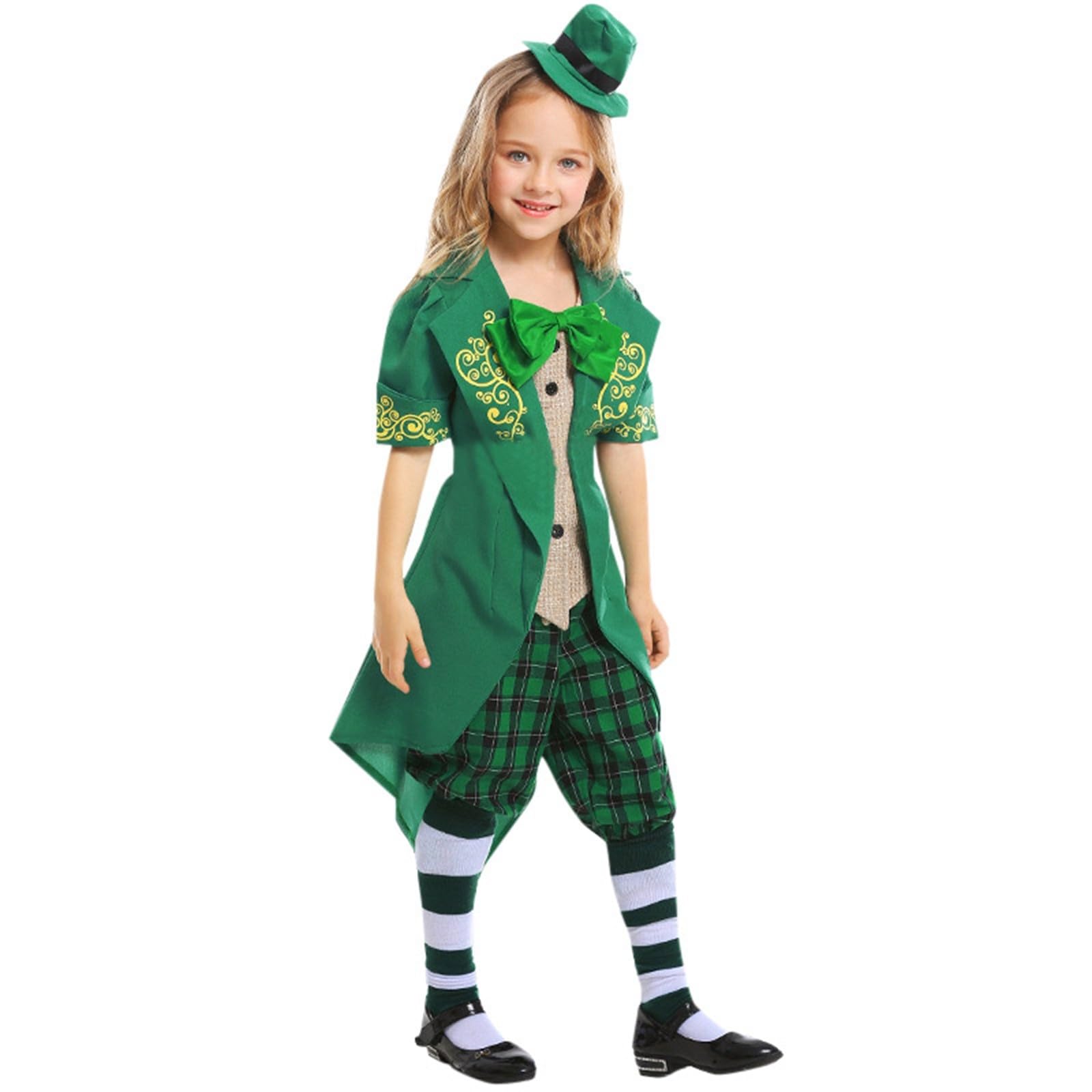Kids Girls St. Patrick's Day Irish Leprechaun Costume 6-Piece Set with Hat Bow Tie Belt Jacket Trousers & Socks Ireland Irish Fancy Dress Up Green Leprechaun Outfit for Performance Cosplay