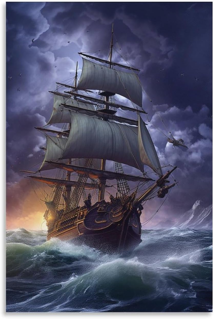Pirate Ship Canvas Prints Sailing in Storms Harsh Conditions Moon Poster Canvas Print Wall Decor 16x24inch(40x60cm)