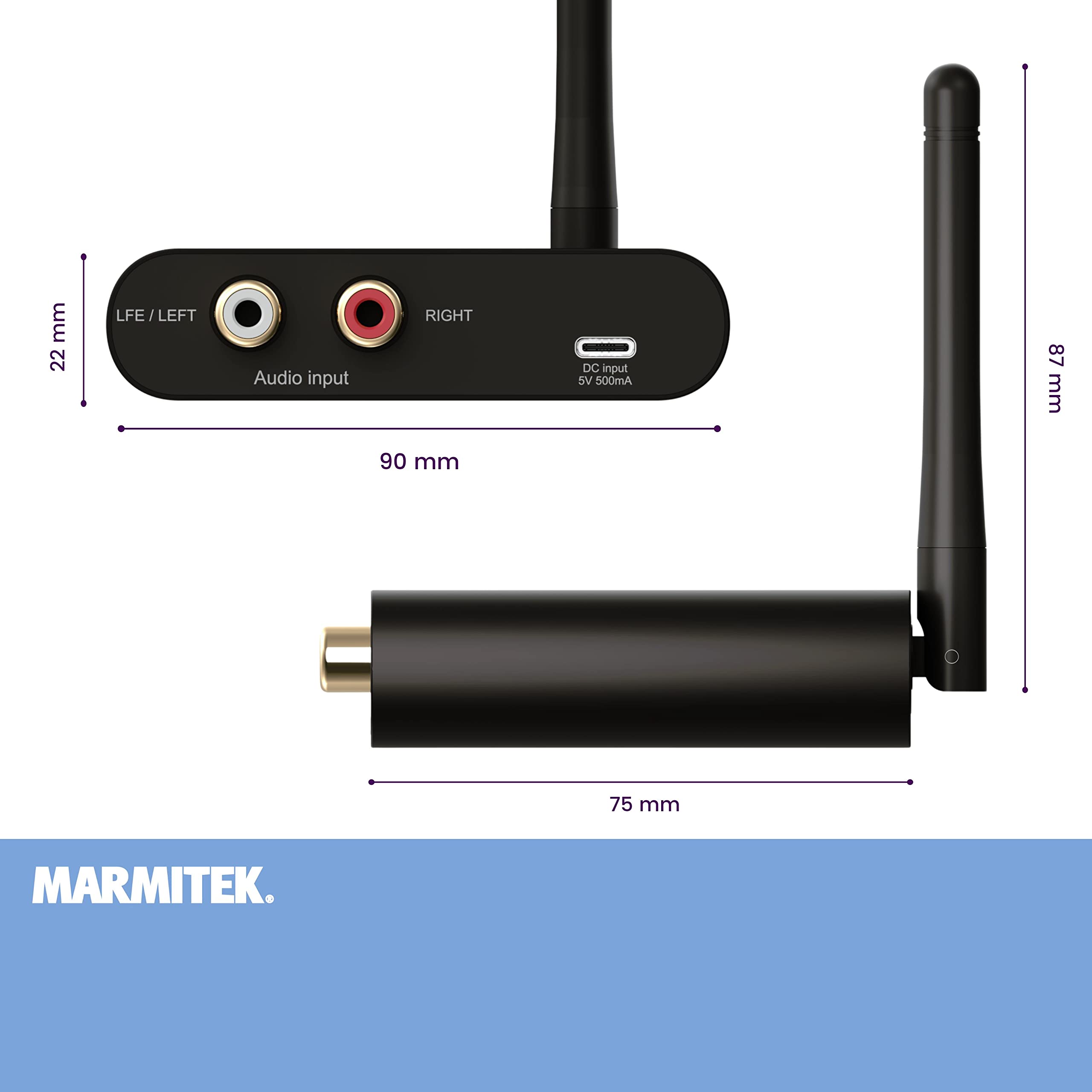 Marmitek WS400 - Kit subwoofer inalámbrico - Graves sin Cables 2,4 GHz | Transmisión digital RCA/LFE 2,4 GHz para subwoofer activo, graves sin cables, colocación libre, baja latencia y Plug & Play