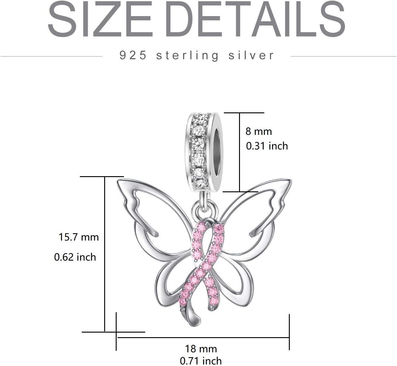 Christmas Gifts Breast Cancer Awareness Butterfly Pink Ribbon Charm for Bracelet 925 Sterling Silver Women's Bead Bracelets With Cubic Zirconia Survivor Gifts