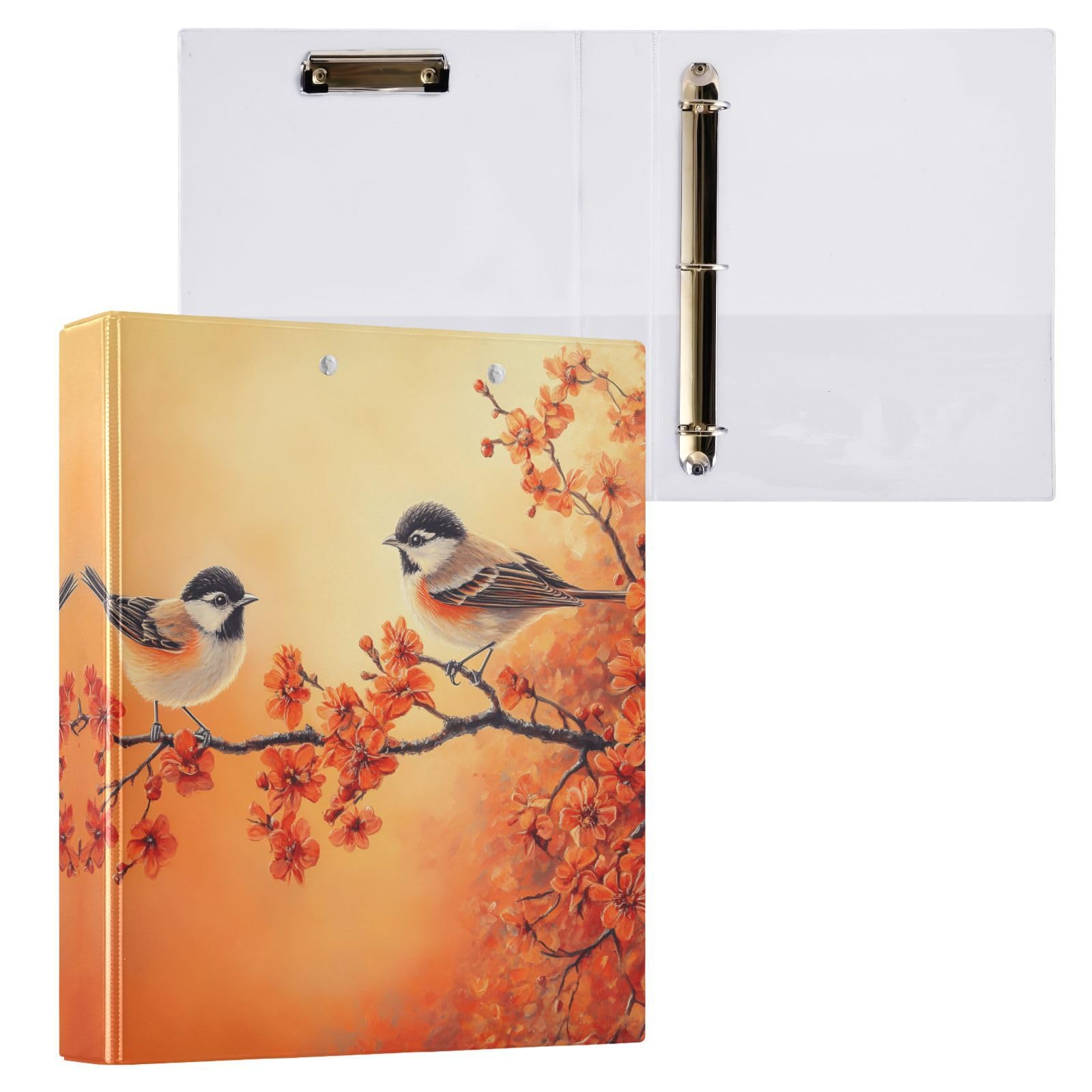 Confezione da 2 raccoglitori a 3 anelli, motivo uccelli sui rami e fiori, 3,8 cm, con 3 tasche trasparenti, portablocco e contiene 200 fogli, per ufficio, scuola, organizzazione della casa