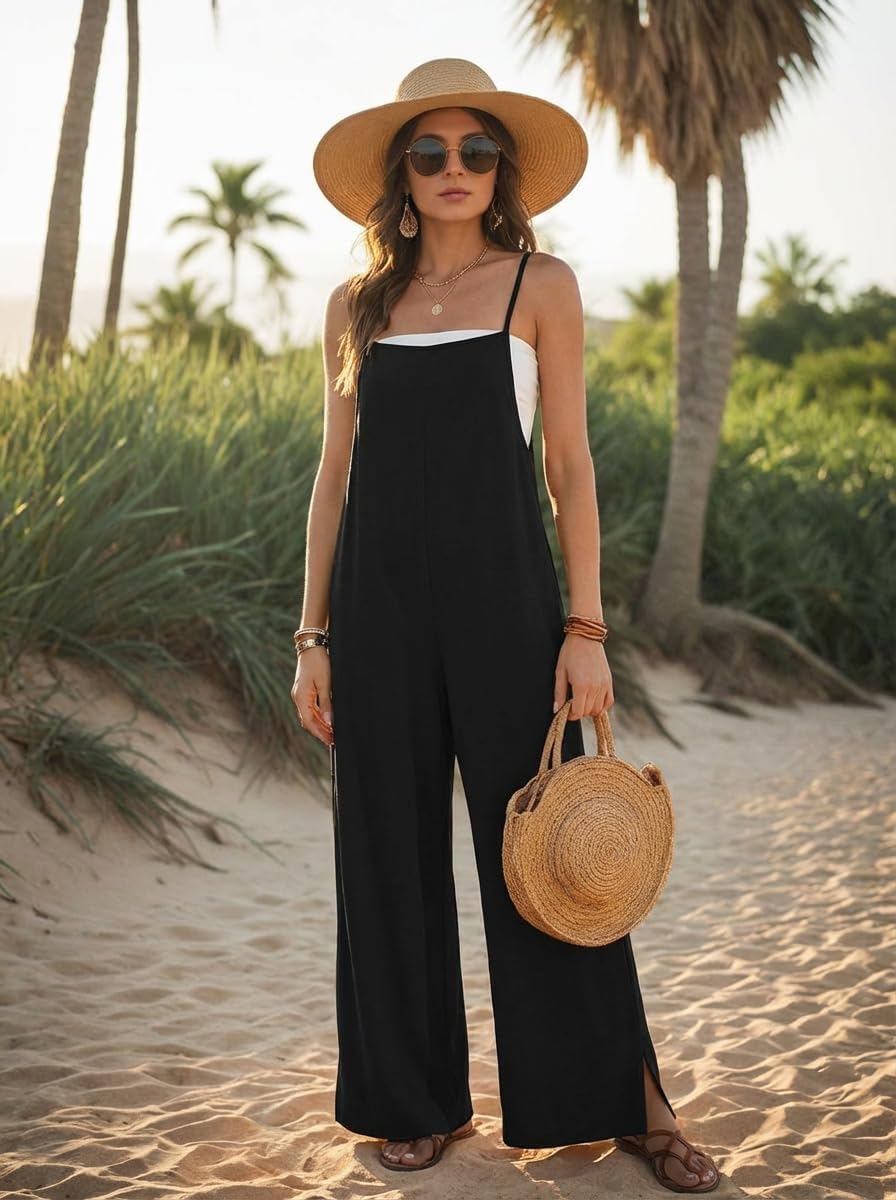 Ekouaer Womens Causal Sleeveless Jumpsuits Summer Boho Wide Leg Floral Rompers Overalls with Pockets - Image 3