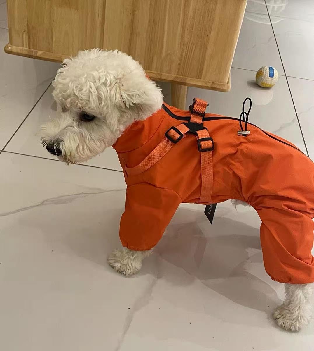 Mile High Life Waterproof Dog Raincoat, Full Coverage Small Dog Rain Coat with Harness, Adjustable 4 Legs Puppy Rain Jacket with Reflective Strip and Elastic Cuffs (Orange, L Back Length 16.1")