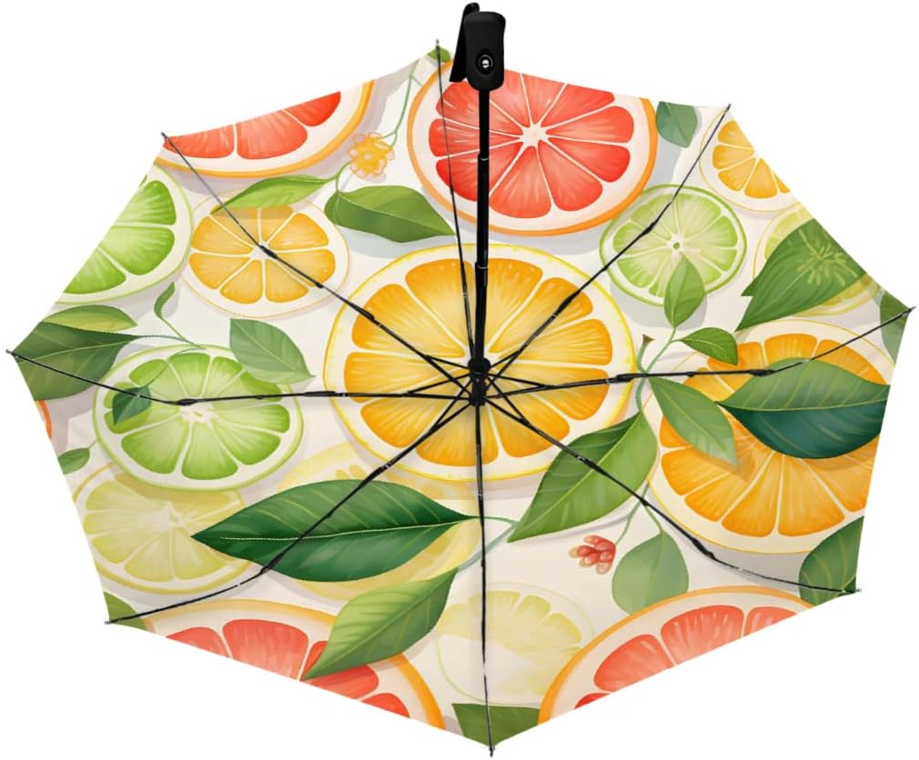 Orange Grapefruit Lemon Slices Folding Umbrella Windproof Compact Lightweight Travel Umbrella with 8 Reinforced Ribs, Portable UV Sun & Rain Protection for Men & Women