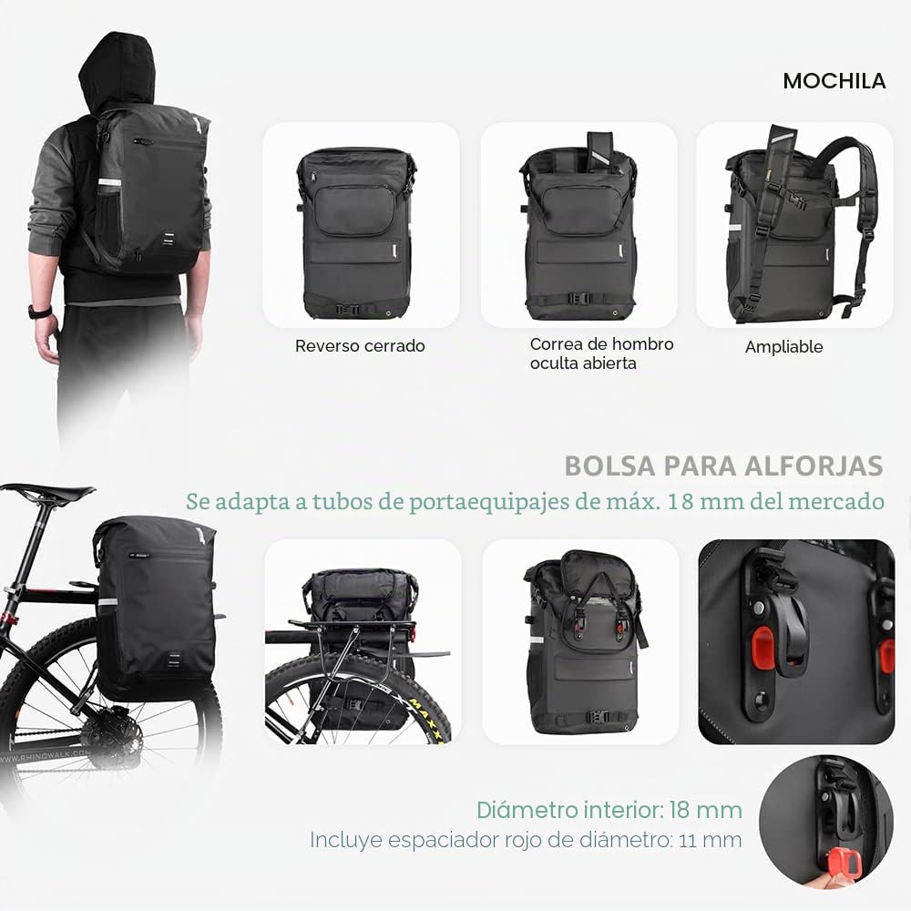 Rhinowalk Bolsa para Bicicleta Impermeable de 22 L, de Hombro y Viaje, Accesorio de Ciclismo Profesional, Negro