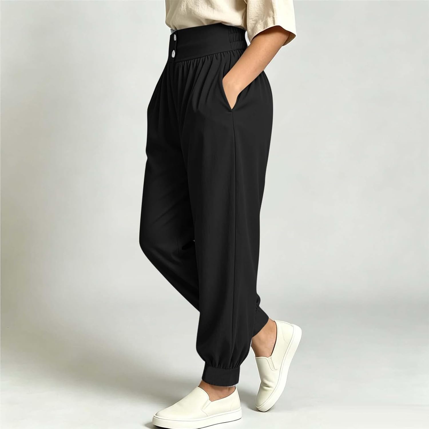Womens High Waist Harem Jogger Pants Pleated Tapered Leg Trousers