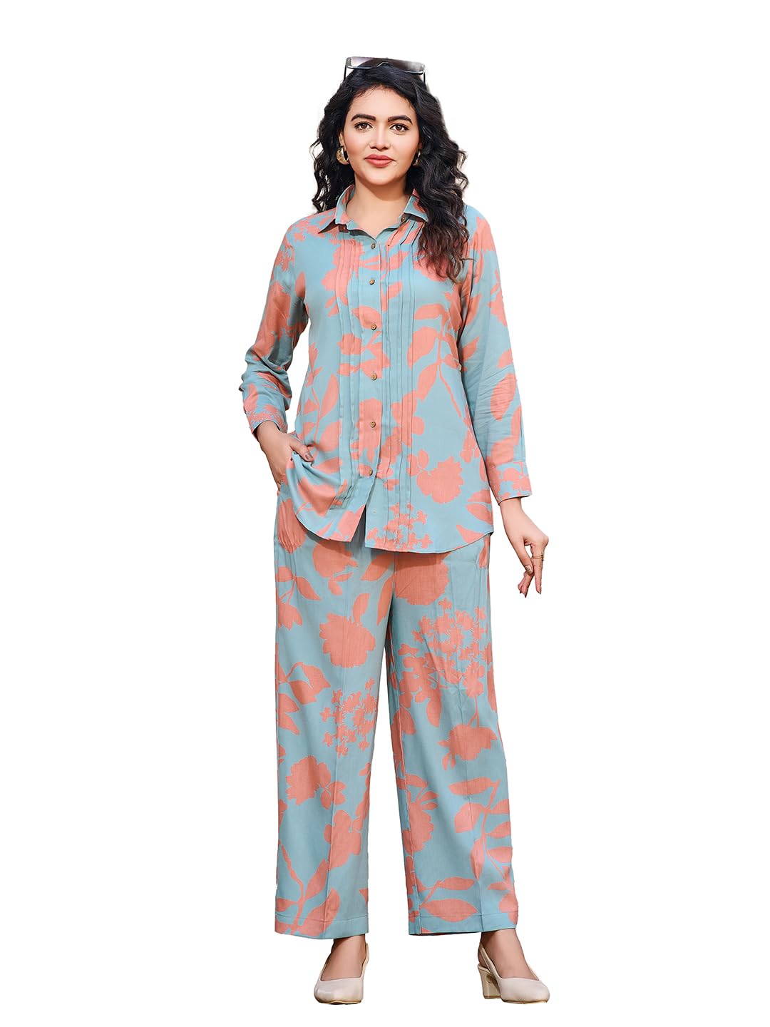 Women's Printed Viscose Rayon Teal Shirt Trousers Co-Ords(VC_5024CO)-image-33