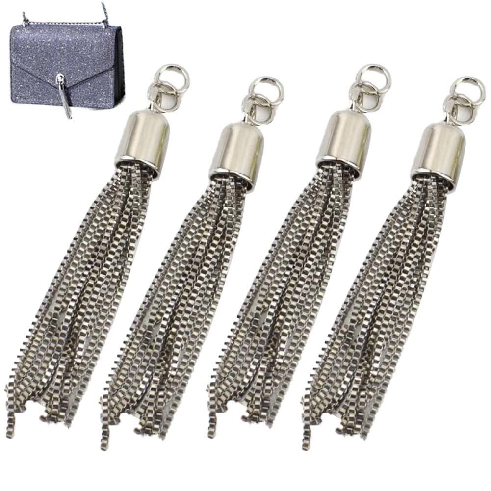 Stakee Silver Metal Tassel Pendant 4Pcs Chain Tassel Charm Handbag Tassel Charm Large Hole Tassels Pendant For Bag Accessories
