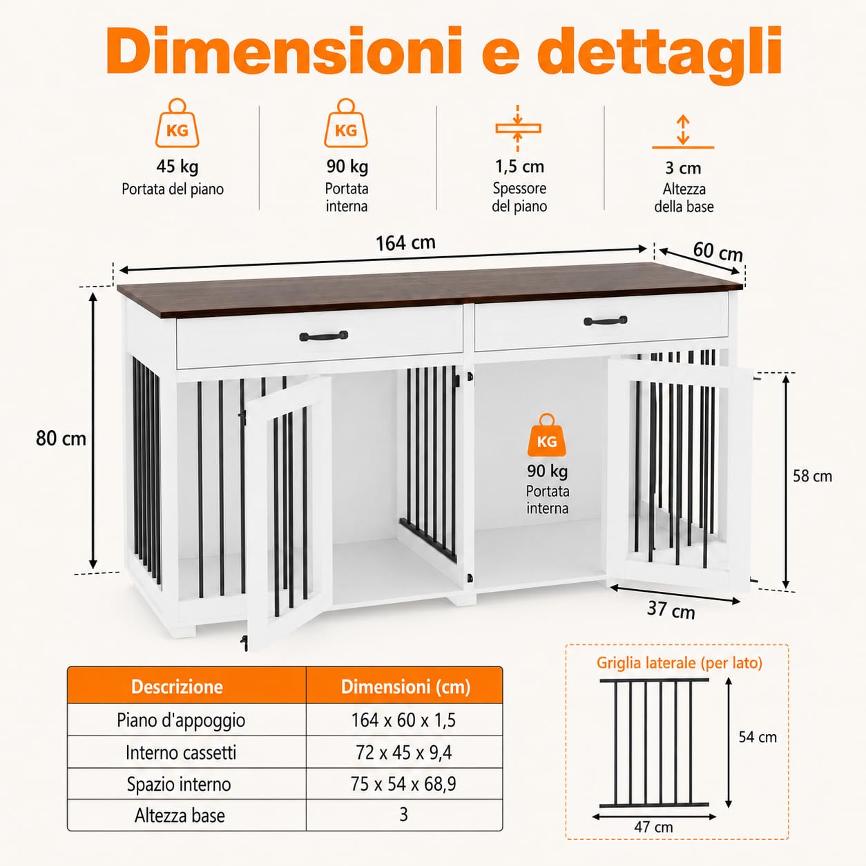 Gabbia XXL per Cani di Grandi Dimensioni - Box con 2 Ante per Interni e Trasporto, Tavola in PB + Ferro da Stiro, 164 x 80 x 60 cm, in Metallo