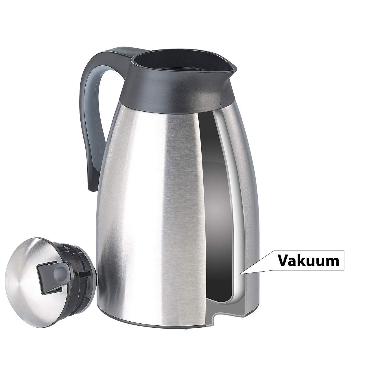 Rosenstein & Söhne Vakuum-Kaffeekanne: 2er-Set doppelwandige Edelstahl-Vakuum-Isolierkanne m. Ausgießtaste (Thermokanne, Isolierkanne Einhandautomatik)