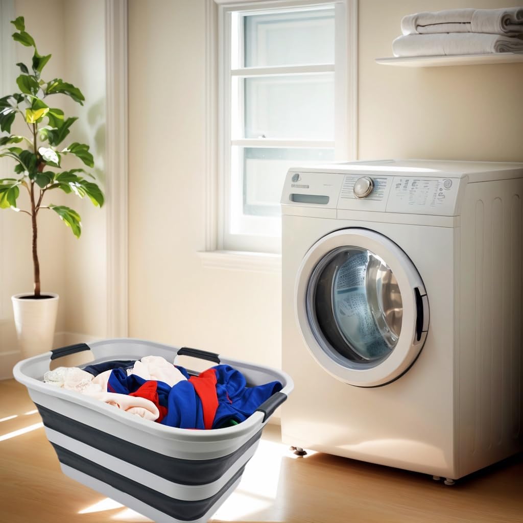SAMMART 30L(8 gallon) Collapsible Plastic Laundry Basket - Foldable Pop Up Storage Container/Organizer - Space Saving Hamper/Basket - Water Capacity 24L(6.3 gallon) (1, Grey/Slate Grey)