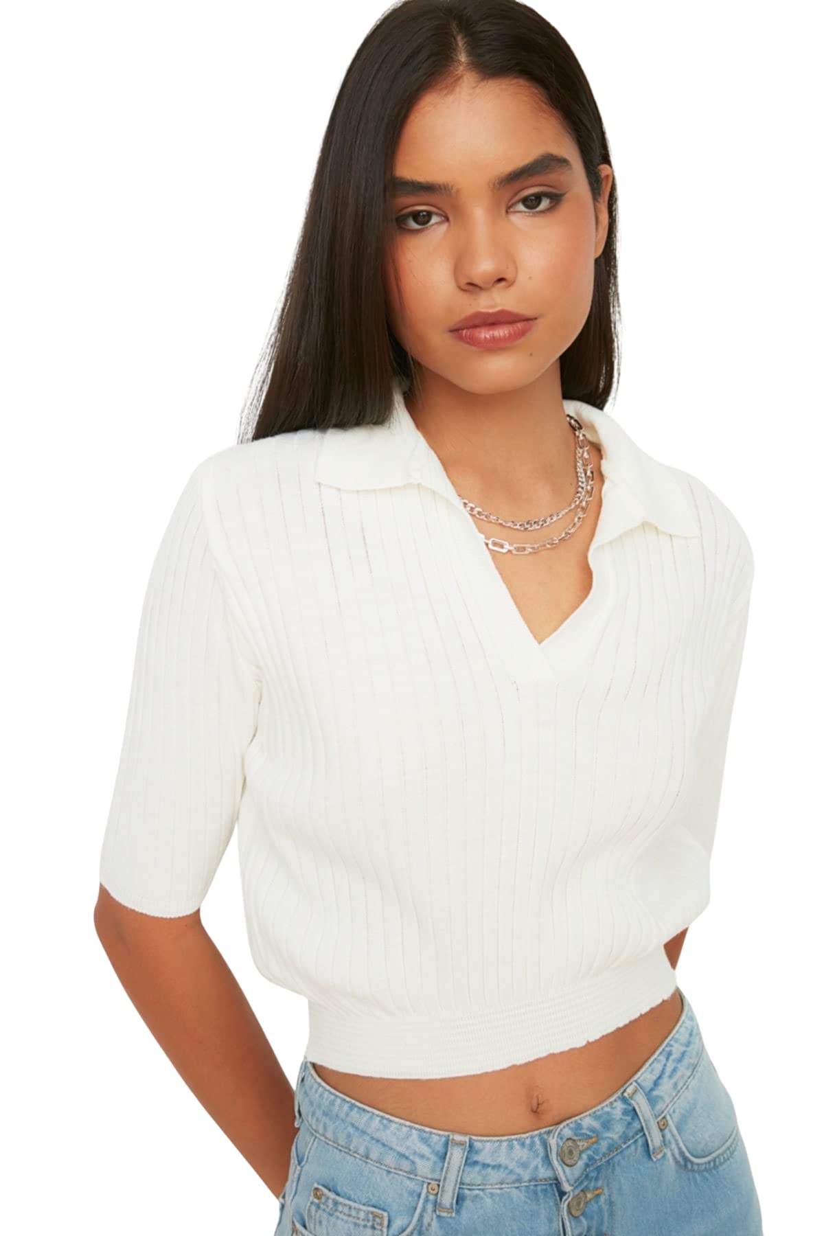Trendyol Women Regular fit Basic Polo Neck Knitwear Sweater Ecru