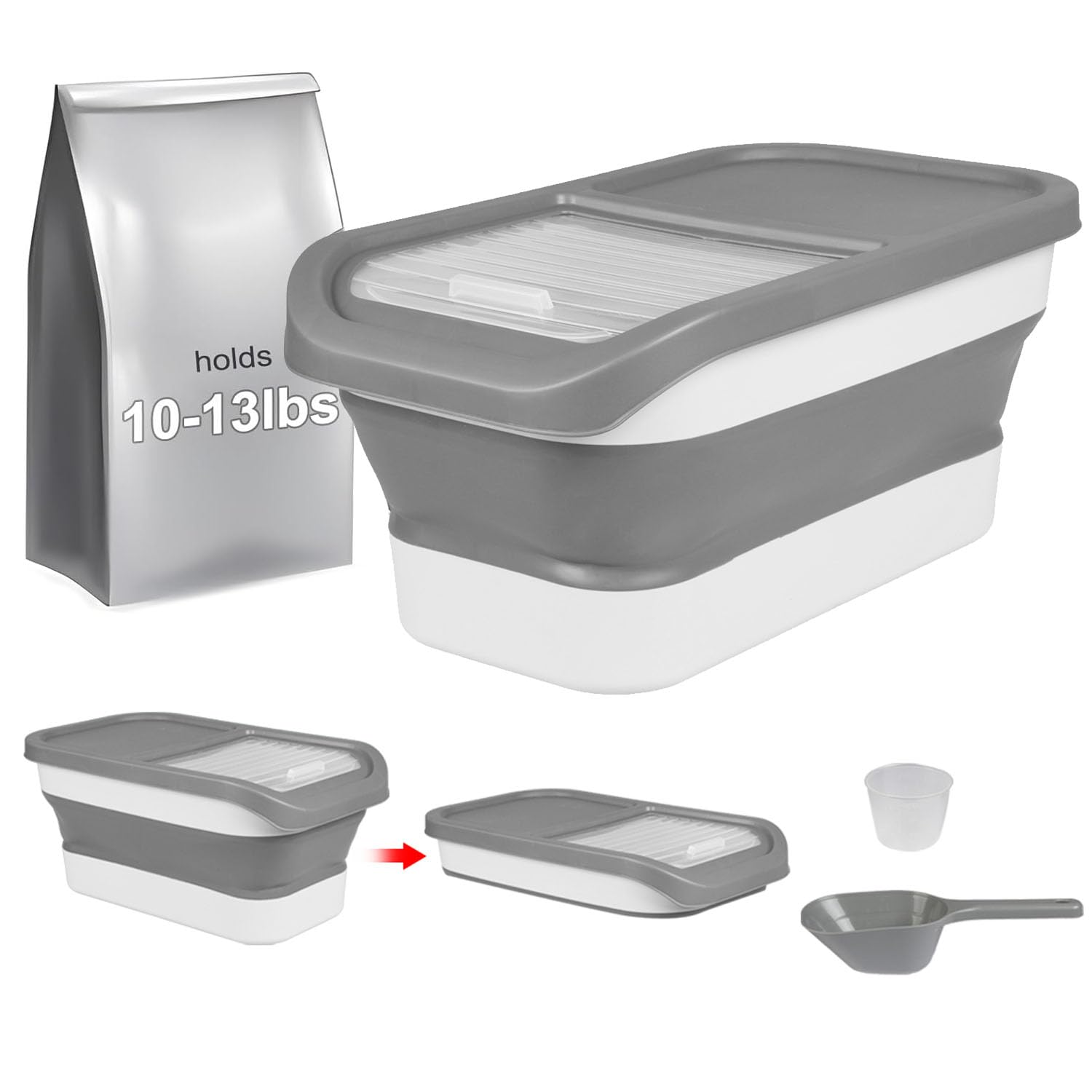 Taylor & Brown 15 Lbs Collapsible Airtight Pet Food Storage Container With Measuring Cup & Plastic Scoop Treats For Pet Dog Cat Animal Dry Food Dispenser (Grey)