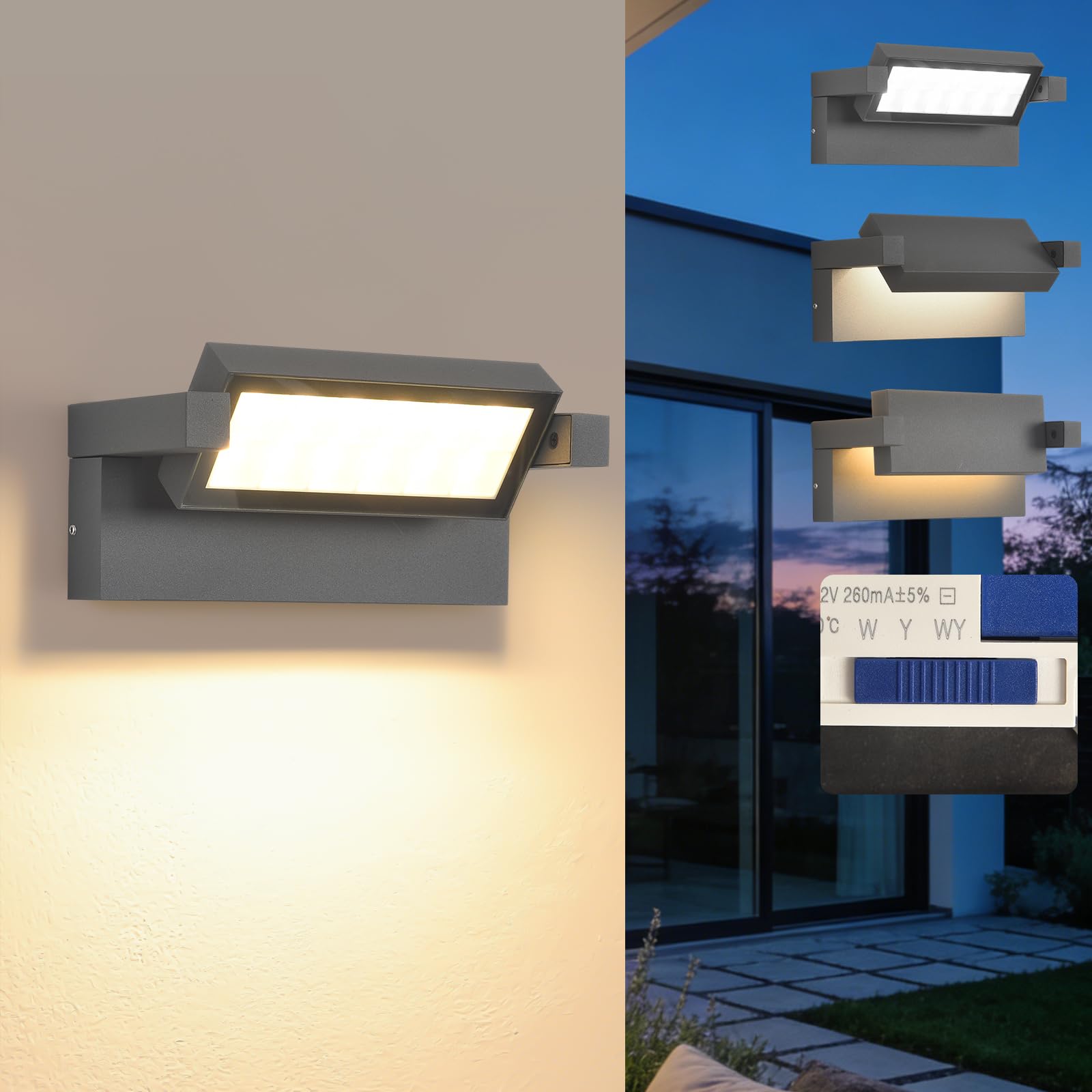 SANSHI 24W LED Wandleuchte Innen/Aussen mit 350°Schwenkbar Panel,Anthrazit | 3000K/4000K/6500K Außenleuchte IP65 Wasserdicht,Außenlampe Verstellbarer Winkel,Wandlampe Für Balkon Garten Terrasse