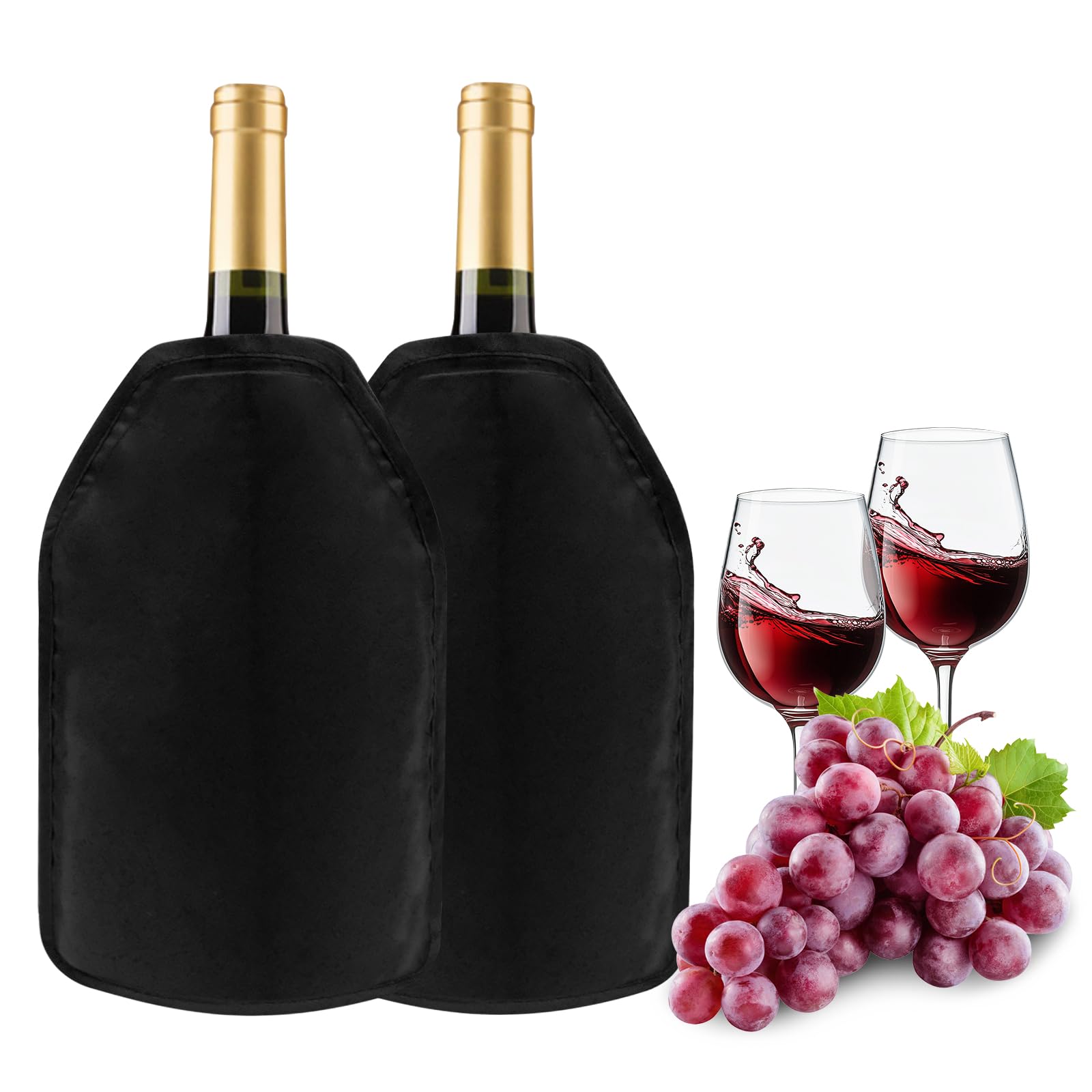 Juego de 2 Funda Enfriador de Vino con Gel, Enfriador de Botellas Ajuste Universal para 0,7-1L de Vino Cava Champán, Reutilizables para Picnic y Cenas (Negro)
