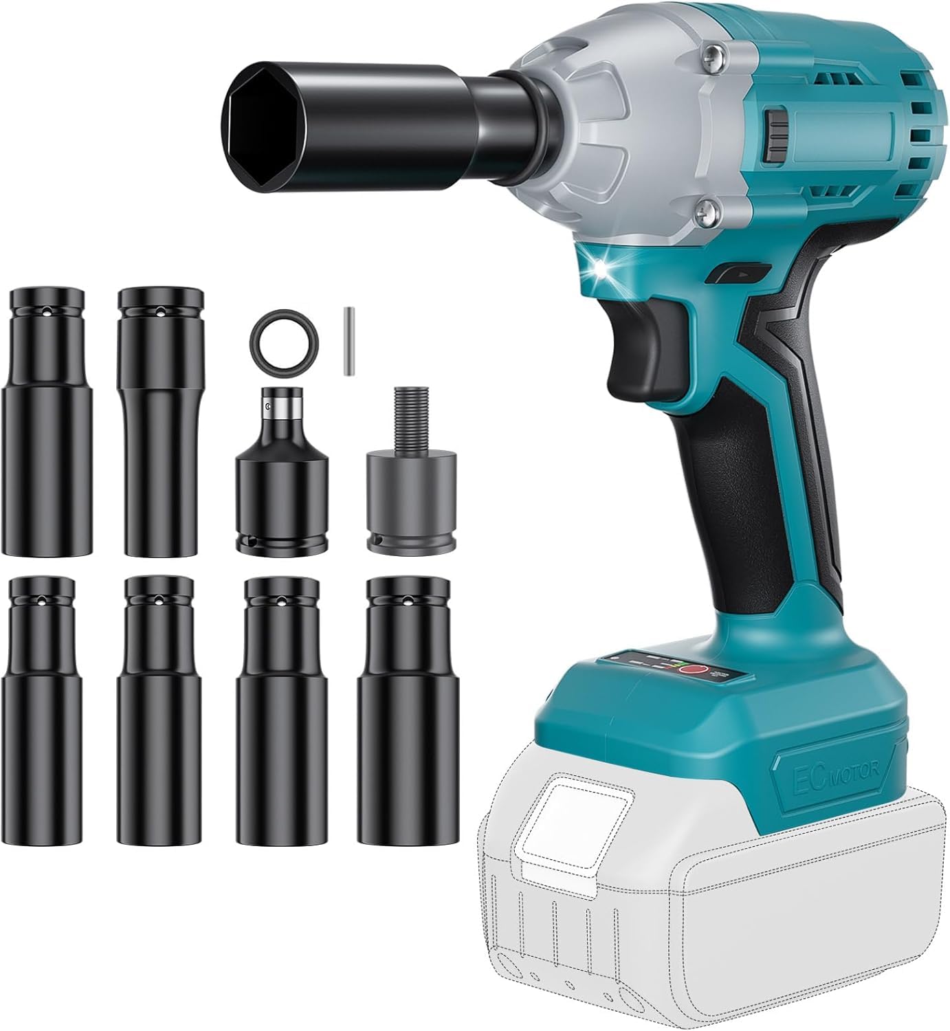 3-in-1 Cordless Impact Wrench Compatible with Makita 18V Lithium Battery (Battery Not Included), Brushless Impact Wrench with 6 Sockets and LED Light for Scaffolding and Automotive Assembly