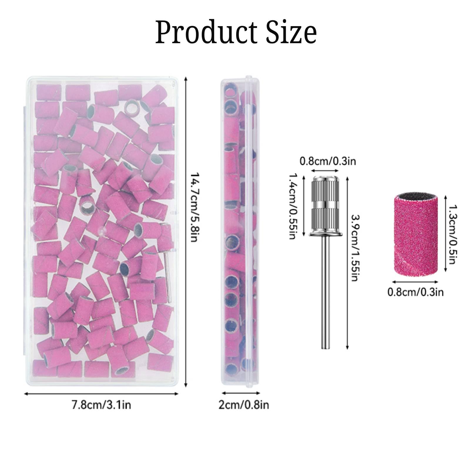 Cilindri Abrasivi Fresa Unghie 100Pz, Grana 180 Bande per Levigatura Unghie Rosa, Bande Levigatrici per Trapano Unghie con 2 Pz Frese 3/32” e Scatola per Accessori Beauty Manicure e Pedicure
