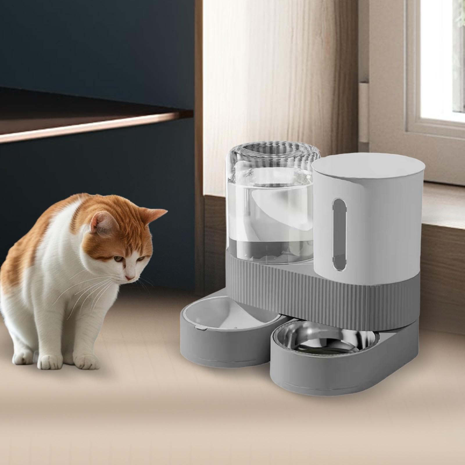 Comedero Automático para Mascotas, Contenedor de Comida, Estación de Alimentación, Gran Capacidad, Cuenco para Comida, Dispensador de Agua para Conejo, Gris