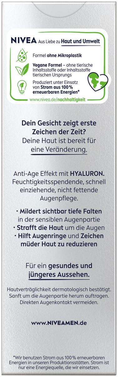 NIVEA MEN Anti-Age Hyaluron pielęgnacja oczu, ujędrniający krem pod oczy przeciw zmarszczkom i cieniom pod oczami, nawilżający krem pod oczami, z kwasem hialuronowym (15 ml)