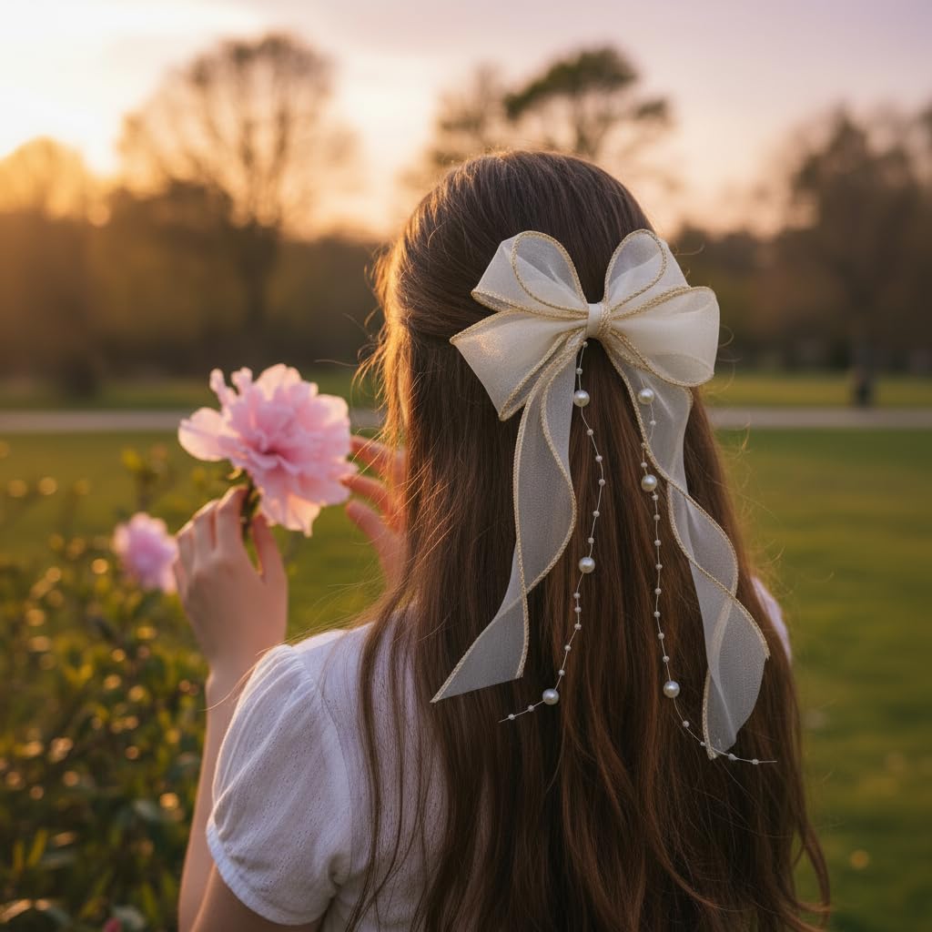 Elegant Golden Sheer Hair Bow Clip with Pearls β Handmade Decorative Hair Accessory for Women & Girls | Wedding, Party, Festive & Casual Wear 4