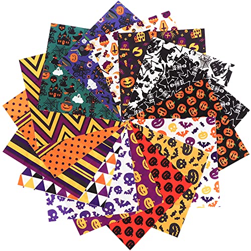 16 Pcs Halloween Cotton Fabric Bundles Halloween Fabric Squares Patchwork Craft Printed Fabric Sewing Solid Color Square Fabric Scraps Quilting Fabric for Thanksgiving DIY Craft(9.8"9.8",19.7"19.7")