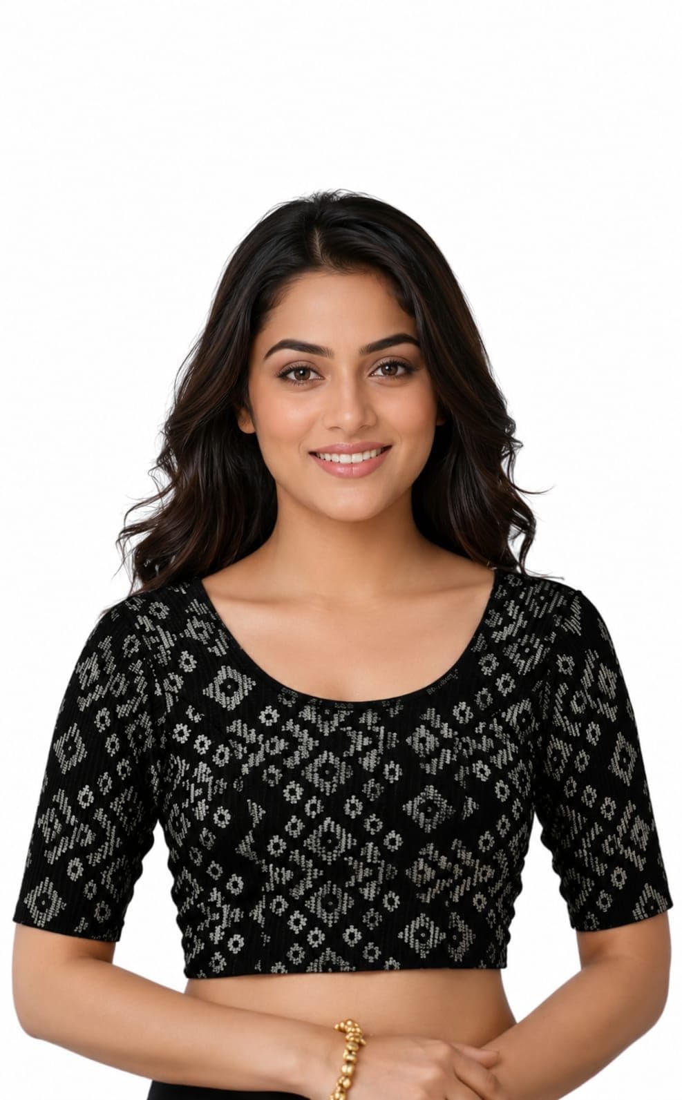 Women's Readymade Stretchable Designer Blouse, Black, Ikat Print, Round Neck, for Festive-picture-48