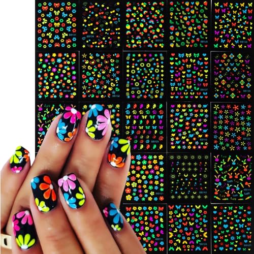 30Sheets Glow in Dark Flower Nail Art Sticker Decals 3D Fluorescence Colorful Floral Butterfly Design Nail Decals Bright-Coloured Daisy Nail Supplies Stars Heart Fruit Nail Decoration for Women DIY image 5