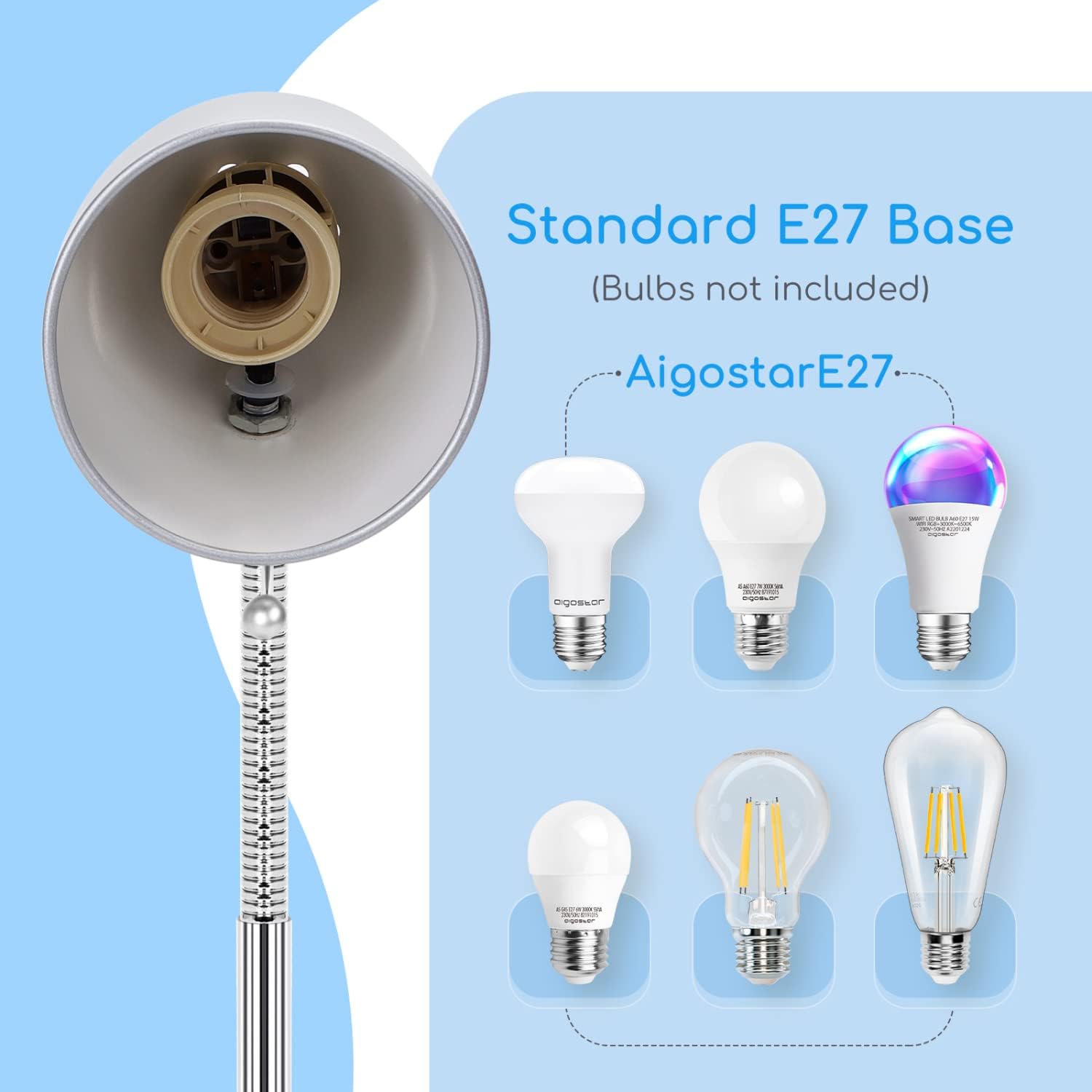 Close-up of the Aigostar lamp's E27 bulb socket, with various E27 bulb types shown next to it.
