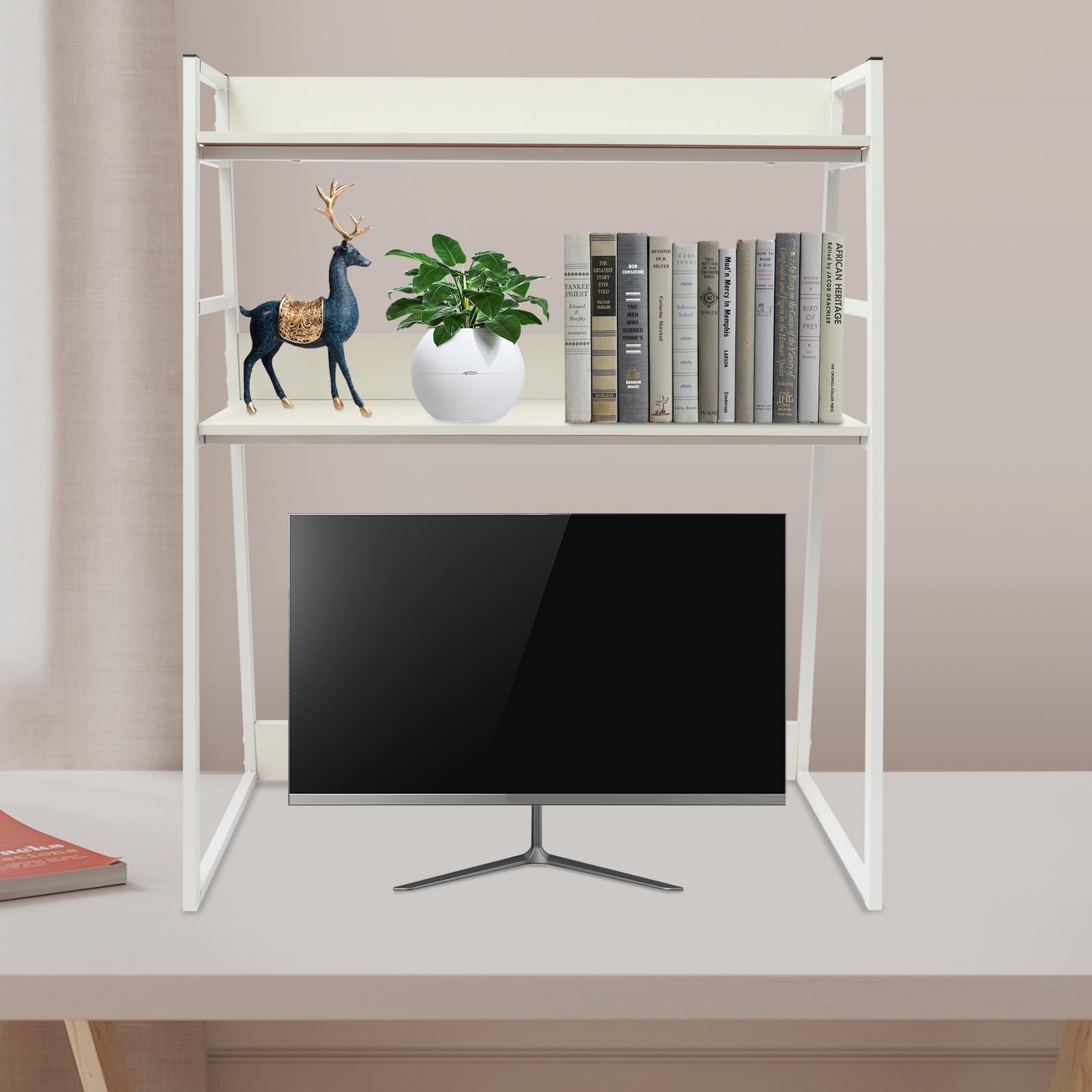 Estantería de Escritorio de 2 Niveles para Ordenador, Organizador de Libros, Expositor, para Dormitorio (Blanco)