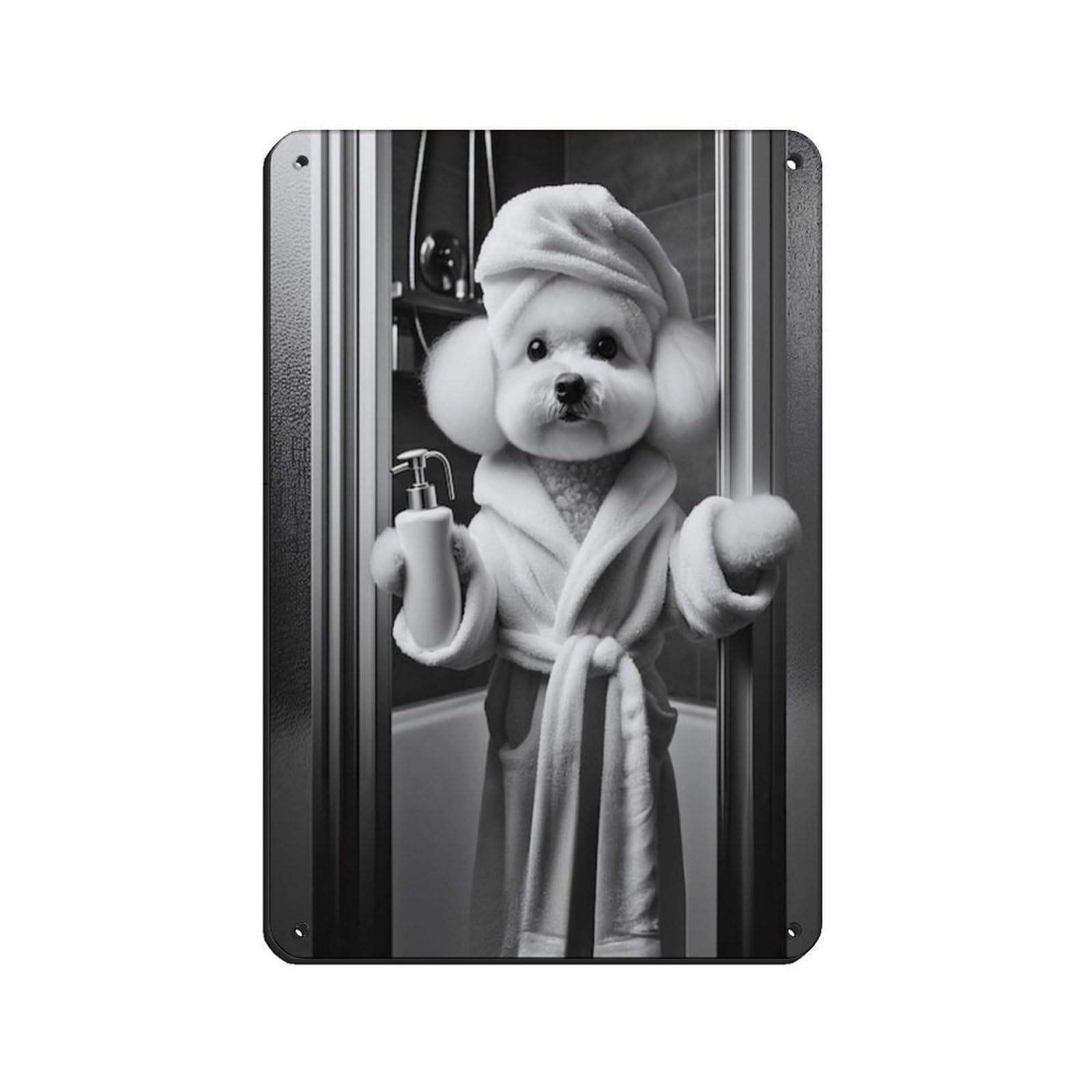 Lxwnze 20L X 30W Cm Bichon Frise Bathroom Art Poster Tin Sign Vintage Metal Pub Club Cafe Bar Home Wall Art Decoration Poster Retro 8X12inch(20X30cm)