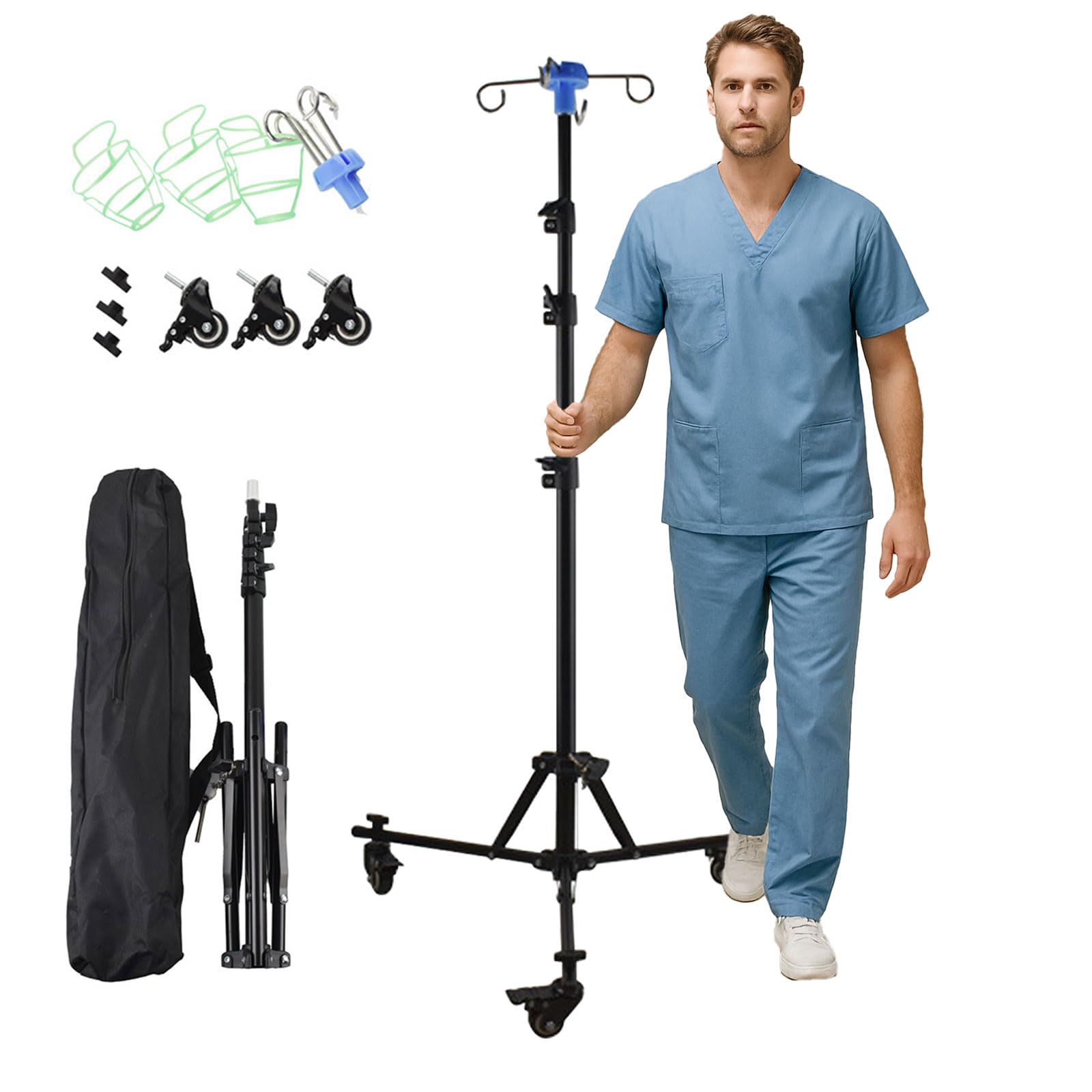Supporto per infusione regolabile con ruote, asta pieghevole IV | Regolabile in altezza 90-190 cm, con 4 ganci, 3 tasche in rete e 1 borsa portaoggetti, supporto portatile IV per ospedale