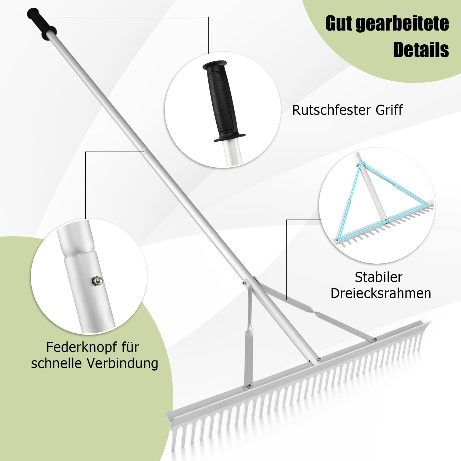 GOPLUS Grabie Ogrodowe o Szerokości Roboczej 92 cm, 36 Zębów i Trzonku 170 cm, Łatwe Łamanie Liści z Aluminium, Do Trawy, Poziomujące, Narzędzie Ogrodowe Do Liści i Trawnika