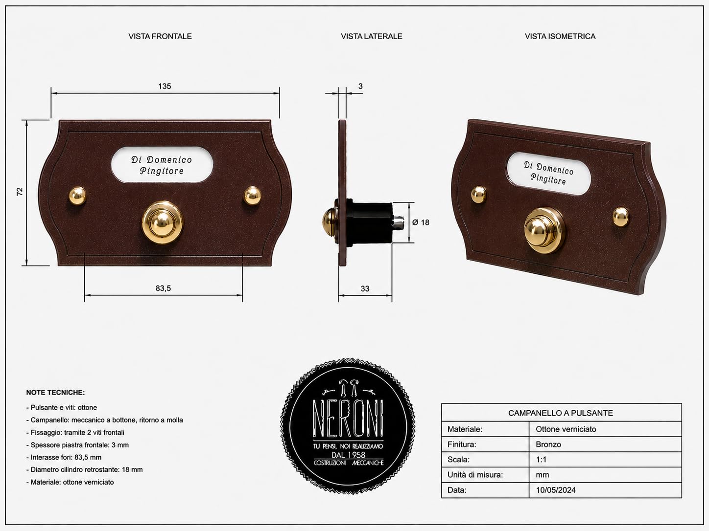 Neroni Mameli Campanello in Ottone Verniciato Marrone Bistro per Esterno abitazione - Porta Ingresso Casa, con Pulsante Elettrico - Modello Aurelio - Made in Italy
