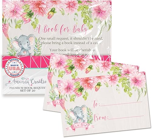 Miniatura 10 de Amanda Creation Tarjetas de vaca floral rosa acuarela "Bring a Book" para baby showers, 20 tarjetas de inserción de doble cara de 2.5 x 4 pulgadas,