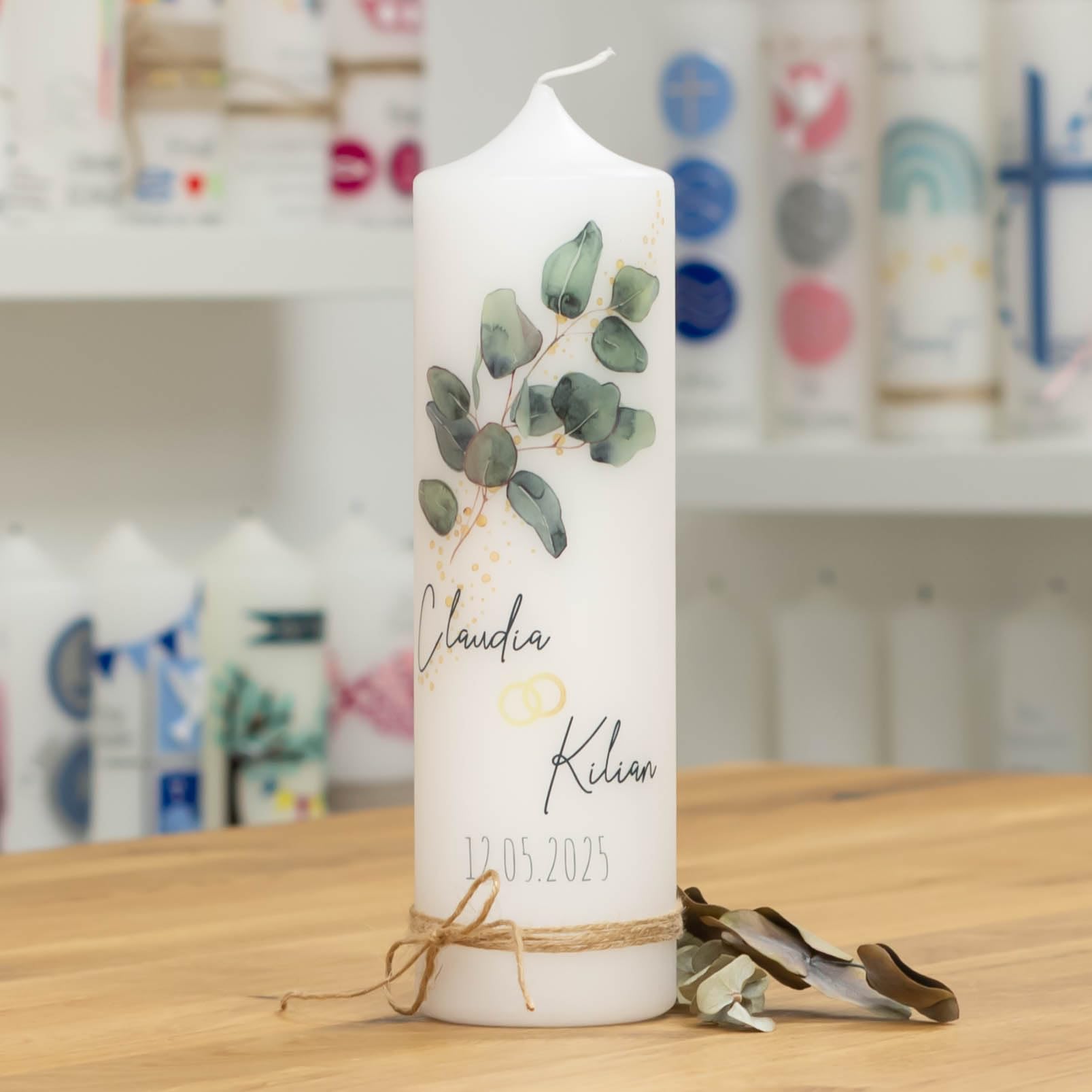 Hochzeitskerze mit Designdruck FILZMOOS personalisiert mit Namen und Datum, individuell