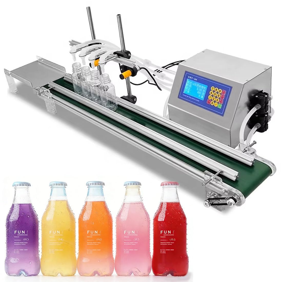 Máquina Embotelladora Automática de Líquidos, 4 Cabezales de Llenado con Cinta Transportadora, para Uso en Industrias de Bebidas, Vinos, Detergentes y Productos Cosméticos 320