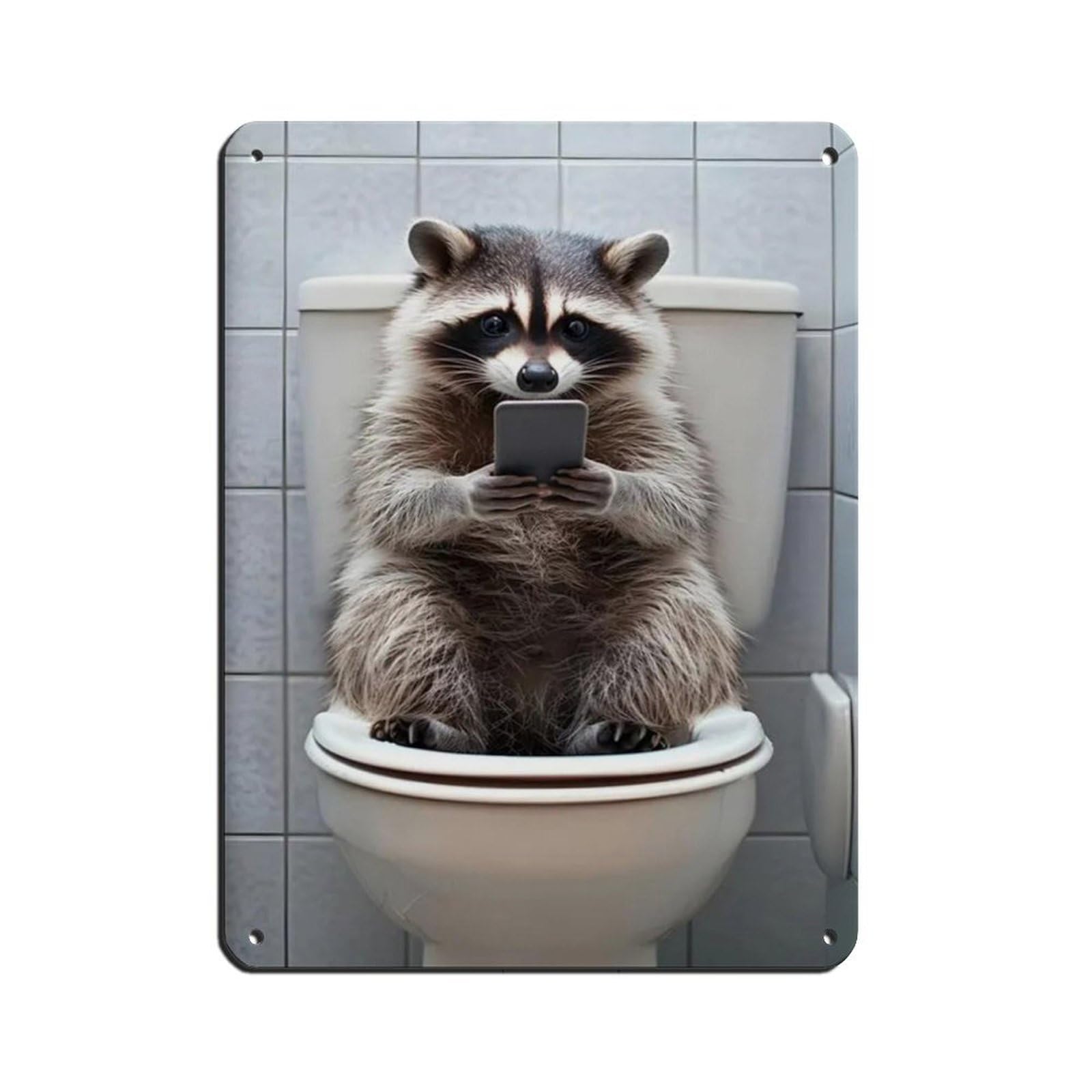 Raccoon Sitting on The Toilet Watching Phone Retro Poster Metal Tin Sign Chic Art Retro Iron Painting Bar People Cave Cafe Family Garage Poster Wall Decoration 12x16inch(30x40cm)