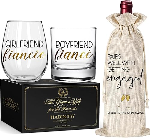 Combina bien con el juego de regalo de copas de vino y whisky de prometido comprometido con 1 bolsa de vino de arpillera reutilizable, regalo de