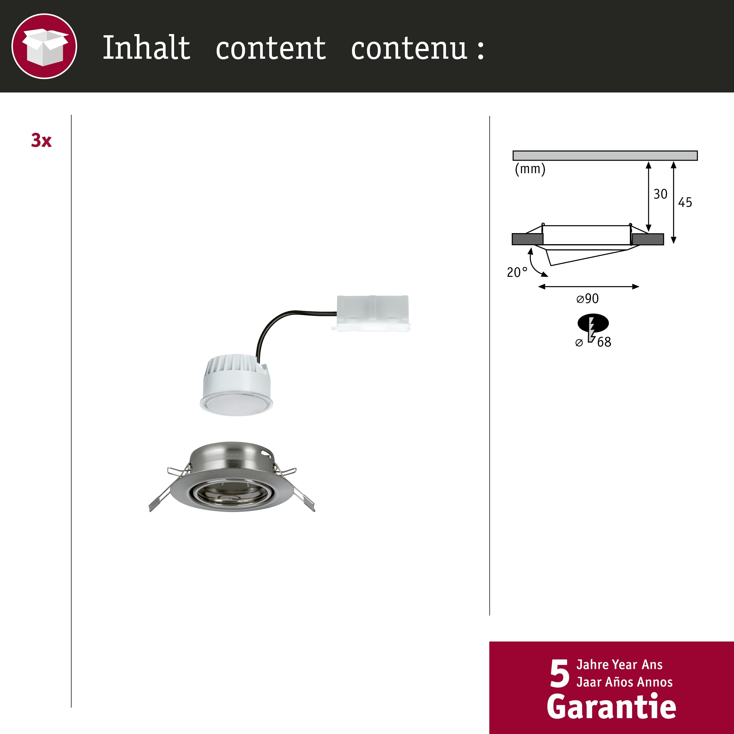 Paulmann 93421 Spot encastré LED Base rond incl. 3x5W projecteurs encastrés Acier brossé spot métal lampe encastrée 3000 K