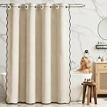 No Hook Beige Scalloped Shower Curtain Waterproof Wavy Edge Design Heavy Duty Linen Shower Curtains with Black Trim for Bathroom Bathtub 180 * 188CM