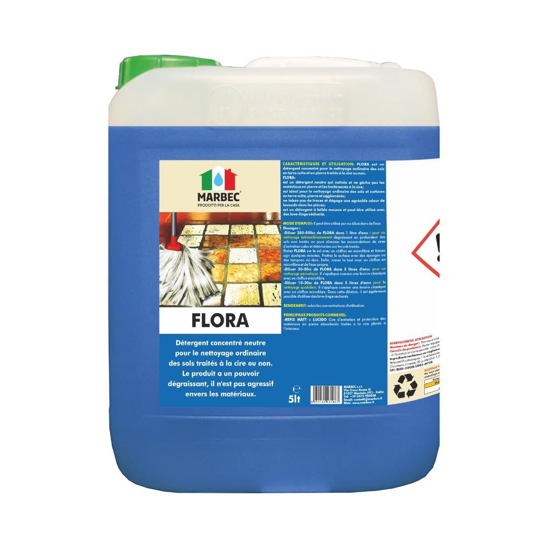 MARBEC FLORA 5LT Détergent pour sols en terre cuite et matériaux pierreux, idéal pour le nettoyage ordinaire des surfaces traitées et non traitées. N'agresse pas le matériau.
