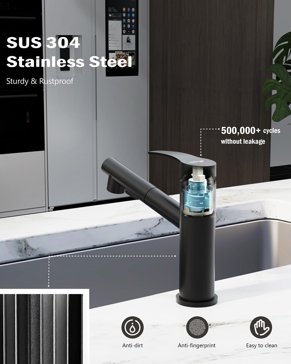 APPASO Wasserhahn Küche Schwarz, Hochdruck Küchenarmatur Ausziehbar, Spültischarmatur Küche mit 2 Strahlarte, 120° Drehbar, Edelstahl Schwarz
