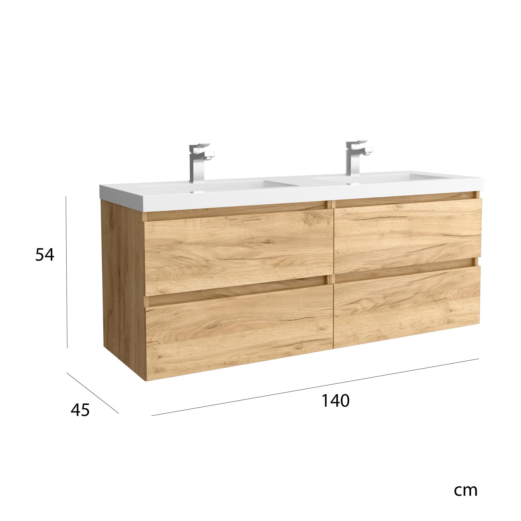 Mueble de baño Bequia 140 cm con Lavabo 100% montado de fábrica | Acabado Roble suspendido 4 cajones Cierre amortiguado Apertura con uñero | Lavabo 2 pozas Porcelana Blanca | Marca Salgar