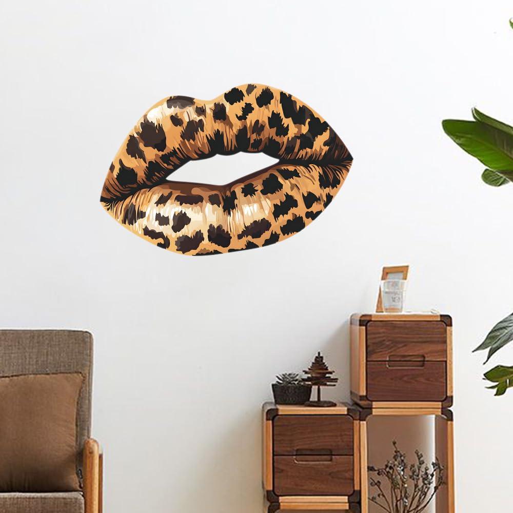 Wasise Brown Leopard Print Lip Wall Stickers, sacinora Stylish Mouths Watercolor Art Wall Decals Removable Vinyl Peel & Stick for Bedroom Bathroom Living Room Home Decorations for Family Friends Gift