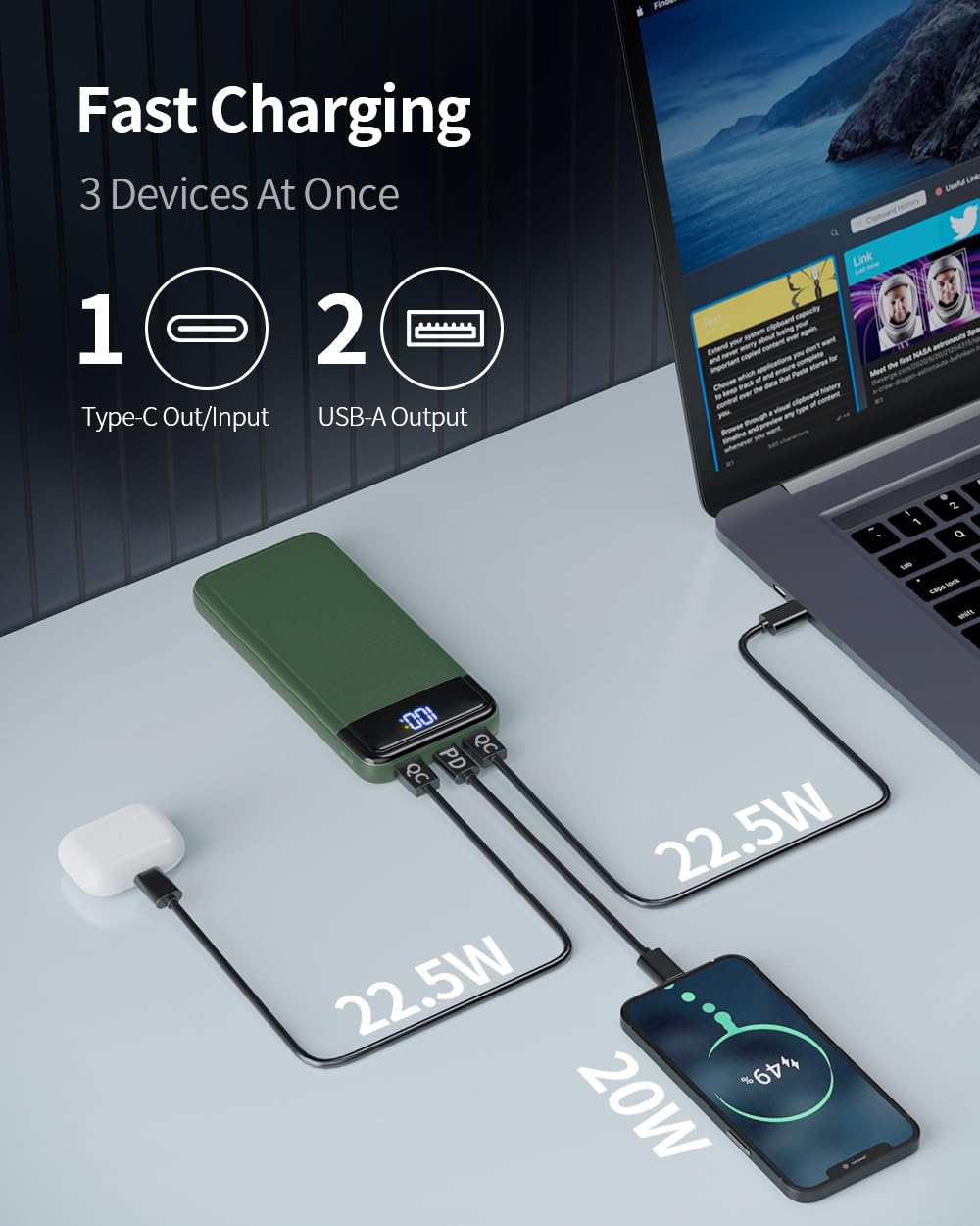 Power Bank, Slimmest 22.5W Powerbank 13800mAh PD3.0 USB C (Ingressi/Uscite), Caricatore Portatile Ricarica Rapida Batterie Esterna Compatibile con iPhone 16 15 14 13 12 Pro Max Huawei etc.(Verde)