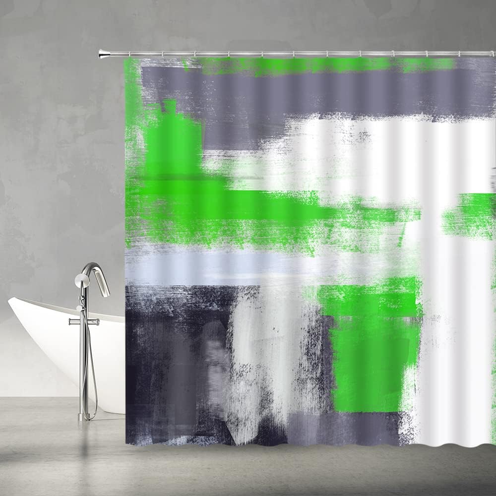 Gray and Green Shower Curtain White Abstract Art Modern Grunge Style Brushstrokes Oil Painting Ombre Design Fabric Bathroom Decor Set with Hooks (78" Wx70 H)